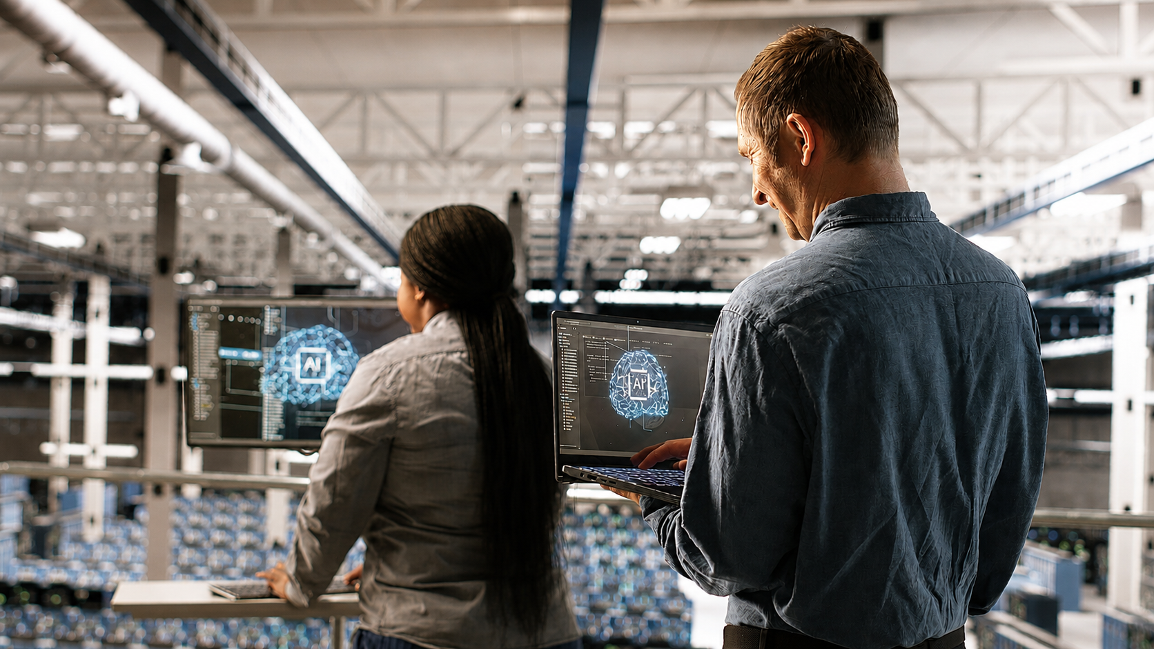Two colleagues in a bright server hall, one holding a laptop showing a glowing neural-network graphic repeated on the monitor beyond