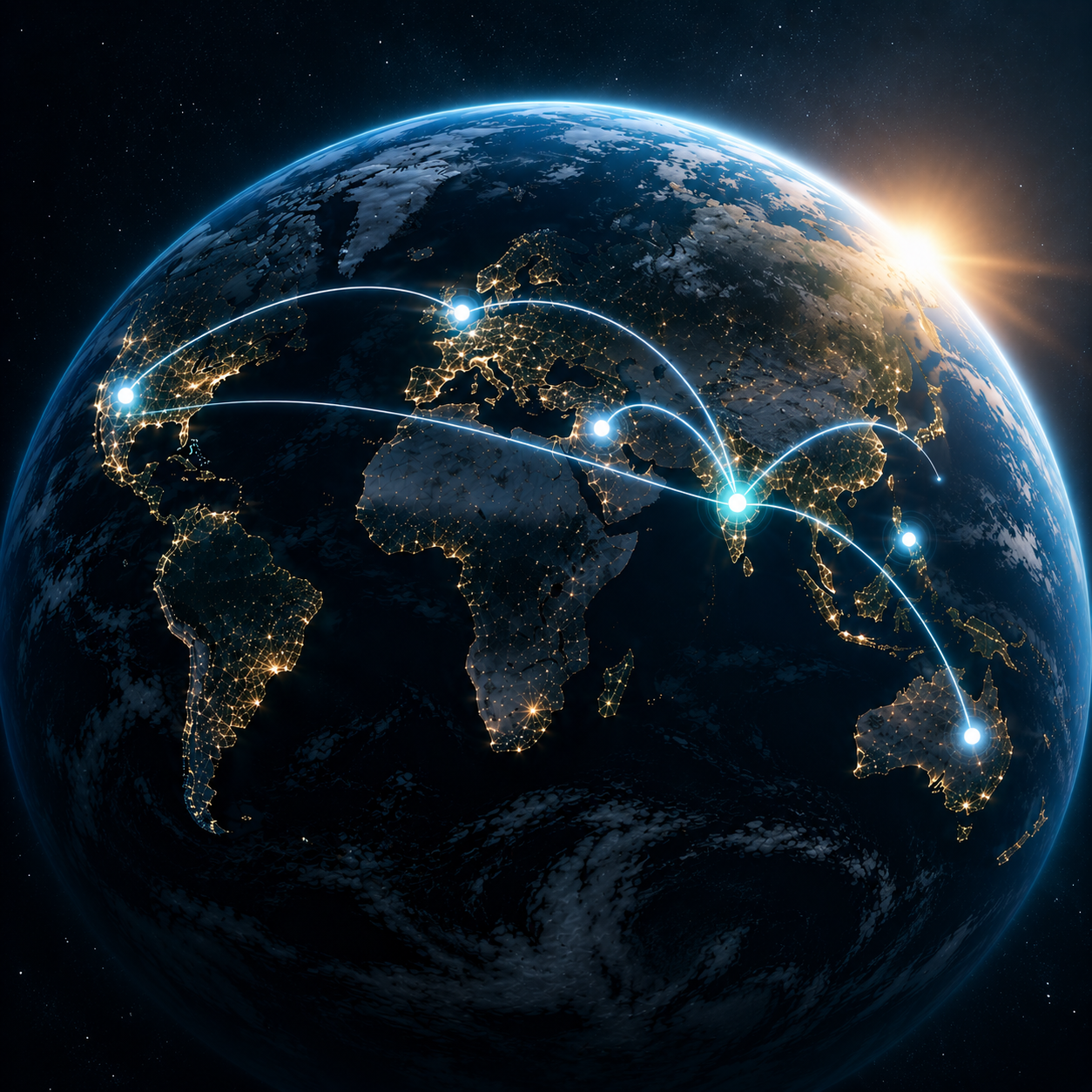 The Earth at night seen from orbit, lit arcs arching between the continents and meeting brightest over India as the sun rises on the horizon