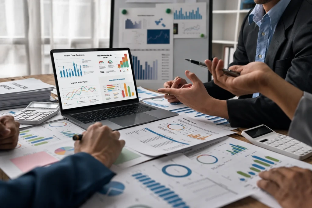 A team reviewing printed financial dashboards and reports around a meeting table